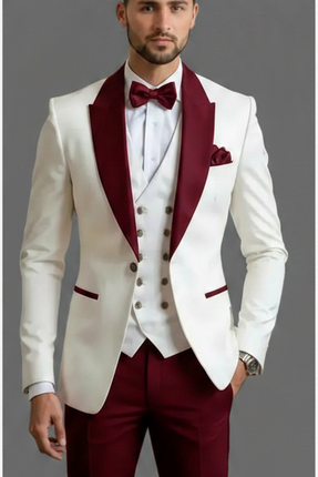 New Men Suit Sets Formal Banquet Luxury Ivory Blazer Vest Burgundy Pants Outfits Wedding Grooms Custom Fashion Slim Fit Costumes