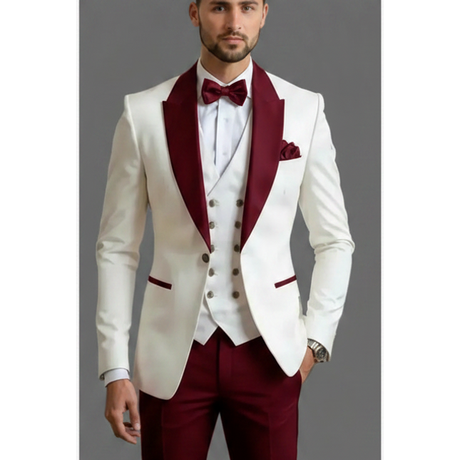 New Men Suit Sets Formal Banquet Luxury Ivory Blazer Vest Burgundy Pants Outfits Wedding Grooms Custom Fashion Slim Fit Costumes