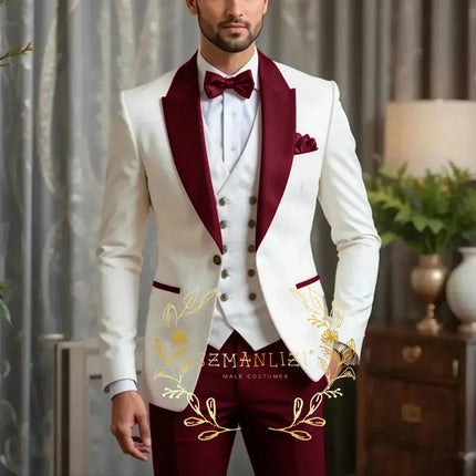 New Men Suit Sets Formal Banquet Luxury Ivory Blazer Vest Burgundy Pants Outfits Wedding Grooms Custom Fashion Slim Fit Costumes