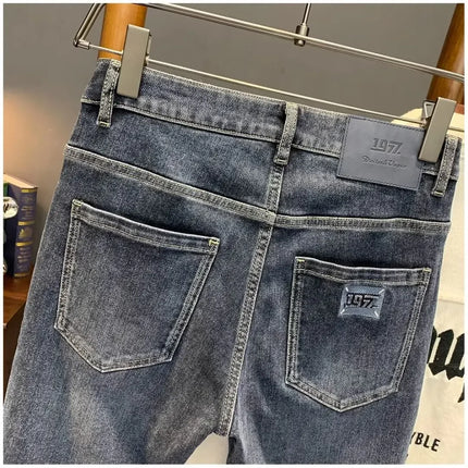 Summer Men's Slim Fit Jeans Thin Trendy Loose Straight Leg Elastic Nine Point Pants Versatile Casual Straight Cut Jeans