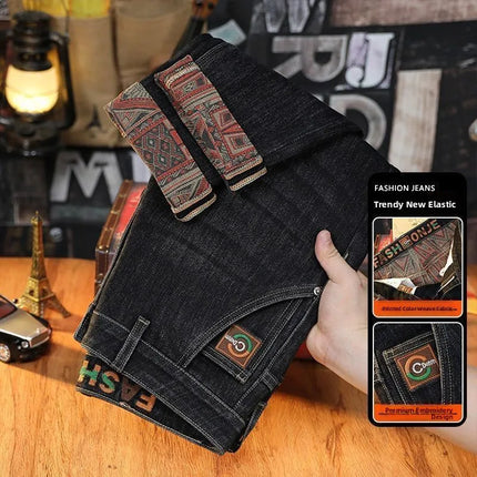 Trendy Embroidered Slim Fit Men's Jeans Spring Autumn New Style Zipper Long Casual Pants Youth Versatile Wear Resistant
