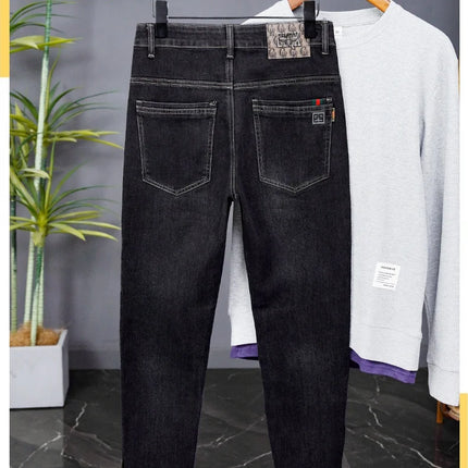 Male Denim Straight High Street Trousers Casual Men Fashion Elastic Waist Vintage Pant Spring Ripped Soft Stretch Slim Fit Jeans
