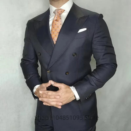 Men's Suits Blazer Pants for Men Navy Blue Peaked Lapel Jacket Party Wedding Slim Fit Costume Homme Business 2 Piece Clothing