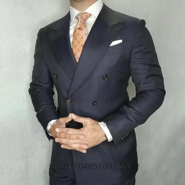 Men's Suits Blazer Pants for Men Navy Blue Peaked Lapel Jacket Party Wedding Slim Fit Costume Homme Business 2 Piece Clothing