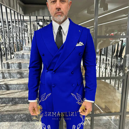 Black Men's Suit 2 Piece Double Breasted Jacket Pants Formal Wedding Groom Tuxedo Peaked Lapel Blazer Customized Men's Suit
