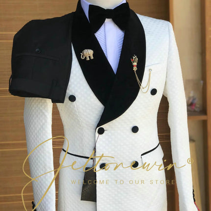 White Men's Two Piece Suit with Double Button Closure and Fine Grid Texture Elegant Modern Style for Groom or Banquet Occasions