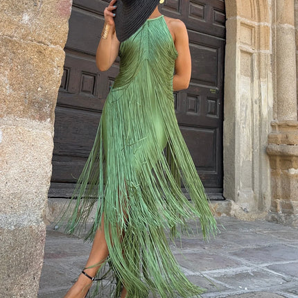 Elegant Halter Tassel Long Dress Women Fashion Hight Waist Slim Neck Hollow Solid Dress Cocktail Robe Sexy Fashion Evening Gown