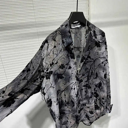 Spring Thin Original Design Trendy Men's Hollow out Iron Free Loose Handsome Shirt Vintage Printed Casual Shirt