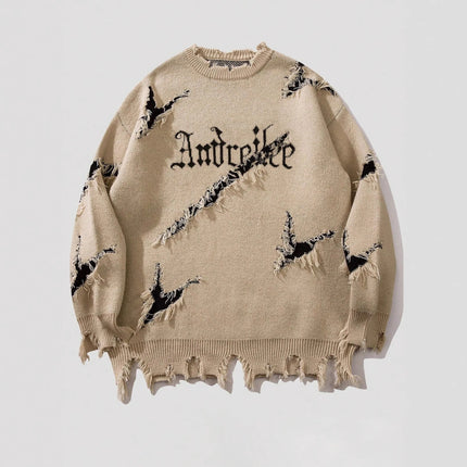 2025 New Men Distressed Sweater Hip Hop Pullover Vintage Casual Knitwear Top Streetwear Fashion Autumn Winter