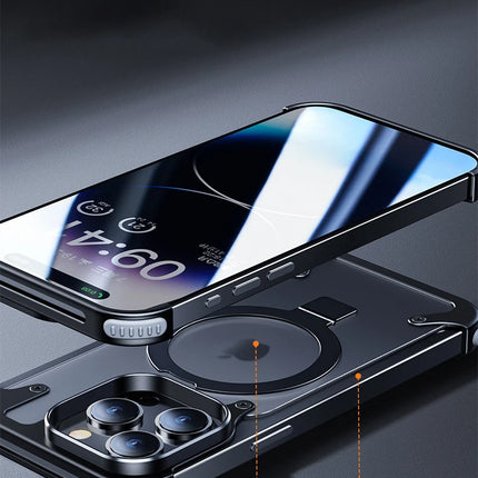 Aluminum Alloy Magnetic Stand Rimless Phone Case For iPhone 13 14 15 16 Pro Max Plus Metal Lens Shell  Frosted Matte Back Cover