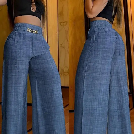 Women's High Waist Wide Leg Pants, Elegant Chain Decor, Black Trousers, Casual Clothes, White, Summer