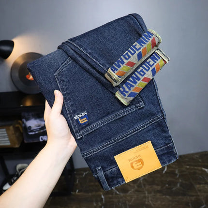 New Embroidery Fashion Straight Jeans Men Stretch Black Blue Slim Fit Pants Comfortable Business Denim Trousers