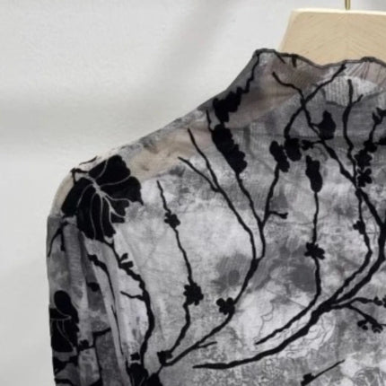 Women Autumn Spring Tops Layering Undershirts Long-Sleeve T-Shirts Printed Lace Mesh Versatile Fashionable Luxurious Designer