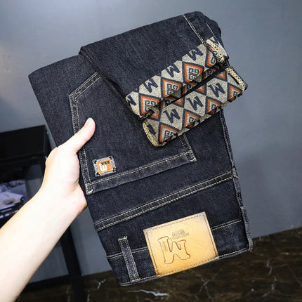 New Embroidery Fashion Straight Jeans Men Stretch Black Blue Slim Fit Pants Comfortable Business Denim Trousers