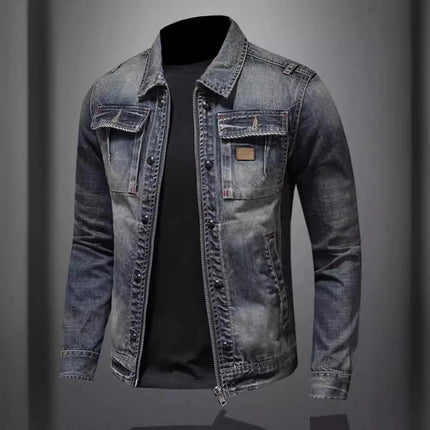 Vintage Denim Jacket With Zip Stand Up Cotton Slim Fit Denim Coat Jeans Jacket ClassicFor Men