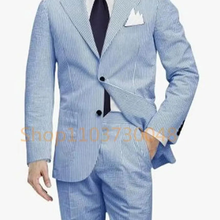 Casual Men's Seersucker Suit Streetwear Elegant Fashion Popular Men Clothes Uniform Blue Striped Well Fitting Formal Blazer Pant