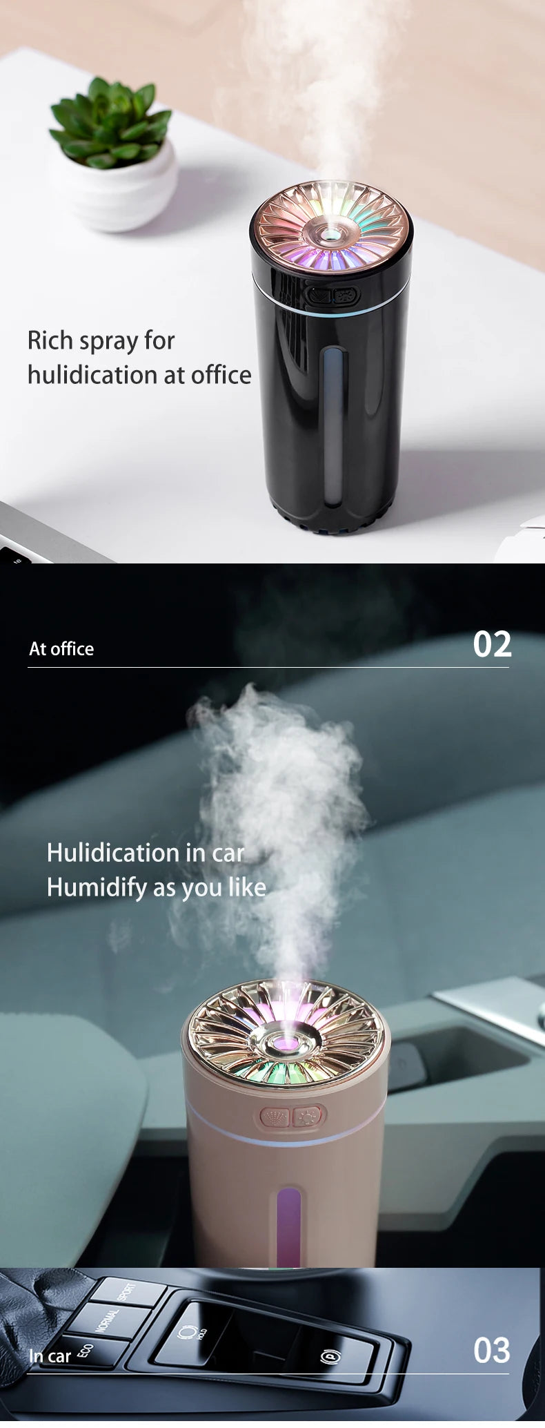 Vehicle-mounted Humidifier 300ml Mini Portable Spray Air Freshener Home LED Small Essential Oil Vaporizer Room Scent Diffuser