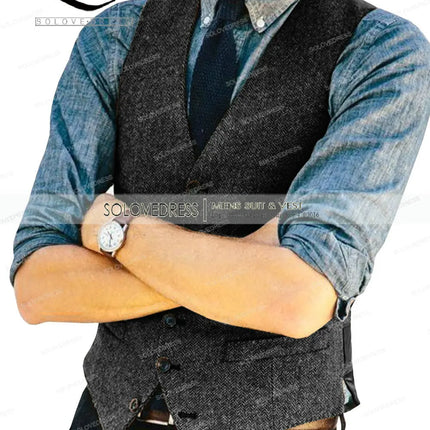 Mens Vests Tweed Herringbone Slim Fit Fashion Men's Suits Vests For Jacket Groomsmen  Waistcoat For Wedding