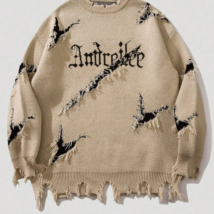 2025 New Men Distressed Sweater Hip Hop Pullover Vintage Casual Knitwear Top Streetwear Fashion Autumn Winter
