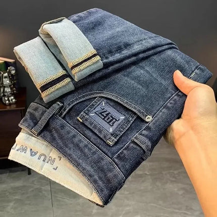 Summer Men's Slim Fit Jeans Thin Trendy Loose Straight Leg Elastic Nine Point Pants Versatile Casual Straight Cut Jeans