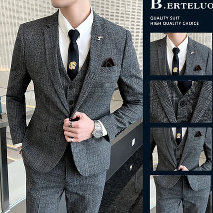 Checkered Suit (Blazer+Vest+Pants) Men's Fashion Hosting Work Business Wedding Casual Linen Art Style Elegant Gentleman's Suit