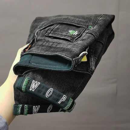 New High Quality Korean Luxury Slim Fit Denim Jeans with Letter Printed Design for Men Washed Streetwear Casual Cotton Trousers
