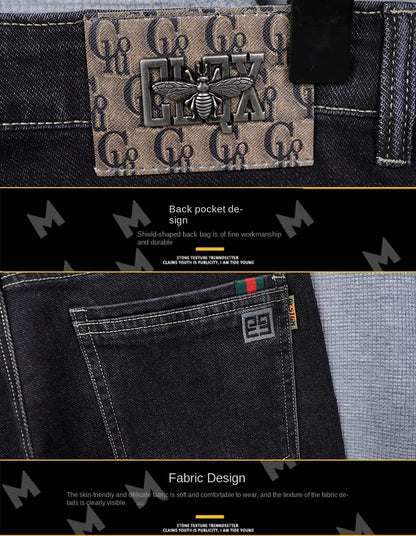 Male Denim Straight High Street Trousers Casual Men Fashion Elastic Waist Vintage Pant Spring Ripped Soft Stretch Slim Fit Jeans