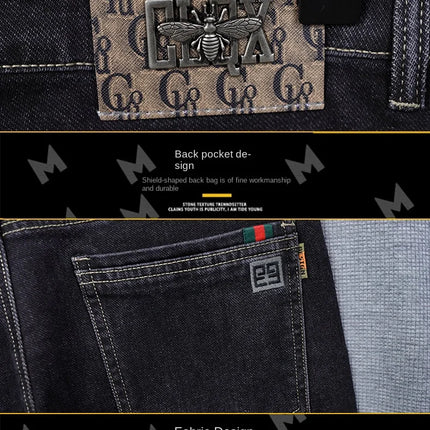 Male Denim Straight High Street Trousers Casual Men Fashion Elastic Waist Vintage Pant Spring Ripped Soft Stretch Slim Fit Jeans