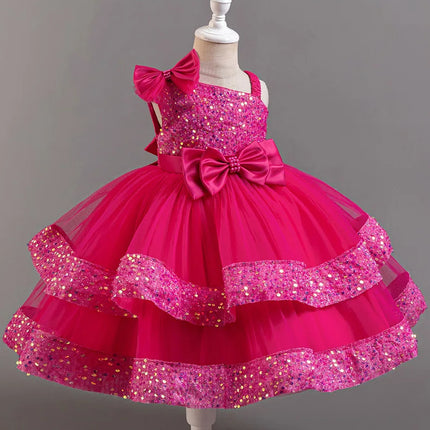 Girl's New Sequined Bow Irregular Collar Mesh Princess Dress Christmas Birthday Party Sweet and Cute Evening Dress