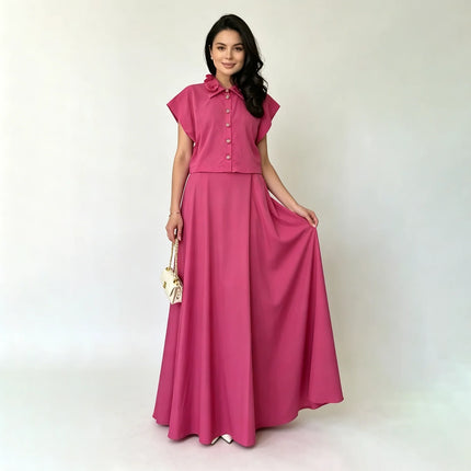 LIMO 2026 New Women's 2 Piece Set, Pink Button Up Shirt + High Waist Maxi Skirt, Elegant Casual Outfit