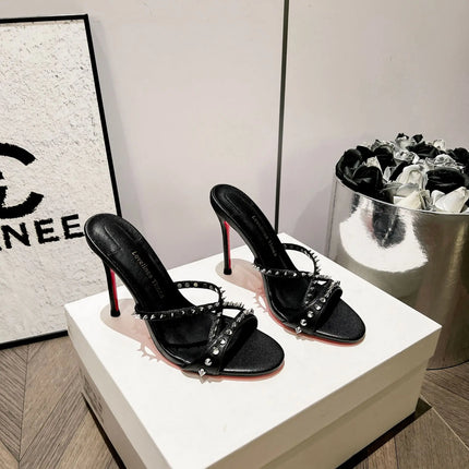 New white high-heeled cool mop with red sole, rivet cross strap, women's pointed toe party essential fashion women's shoes