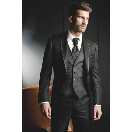Shiny Grey Men Suits With Embroidery Groomsmen Groom Tuxedos Wedding Best Blazer Sets 3 Pieces (Jacket+Pants+Vest) Costume Homme