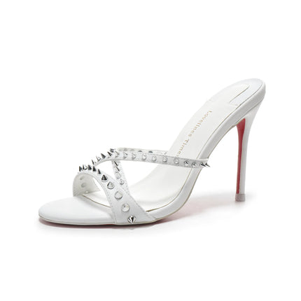 New white high-heeled cool mop with red sole, rivet cross strap, women's pointed toe party essential fashion women's shoes