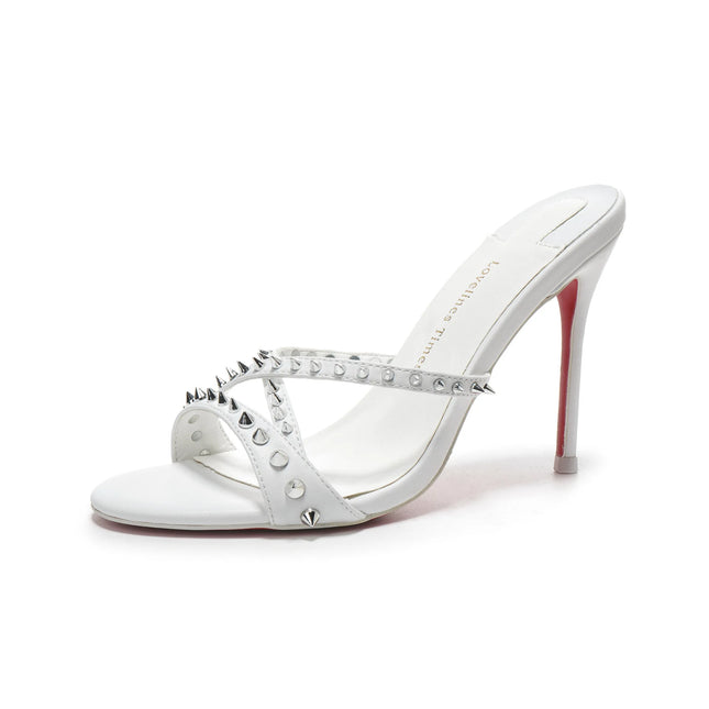 New white high-heeled cool mop with red sole, rivet cross strap, women's pointed toe party essential fashion women's shoes