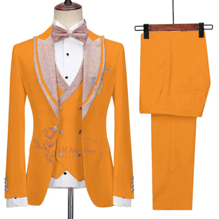 Stylish Men's Suit 3-piece Set Jacket Vest Pants White Slim Fit Pink Shinny Peak Lapel Blazer Wedding Prom Party Custom Tuxedo