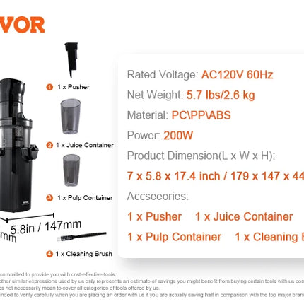 VEVOR Masticating Juicer Cold Press Juicer Machine 2.6" Large Feed Chute Slow Juicer Juice Extractor Maker with High Juice Yield