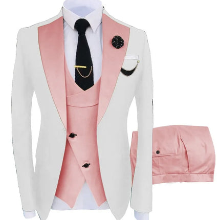 Men Three Piece Suit Sets Turn Down Collar Full Sleeve Blazers Vest Long Pants Slim Fit Ensemble Banquet Evening Splice Spring