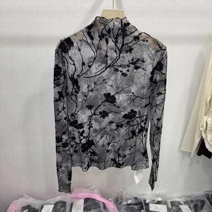 Women Autumn Spring Tops Layering Undershirts Long-Sleeve T-Shirts Printed Lace Mesh Versatile Fashionable Luxurious Designer