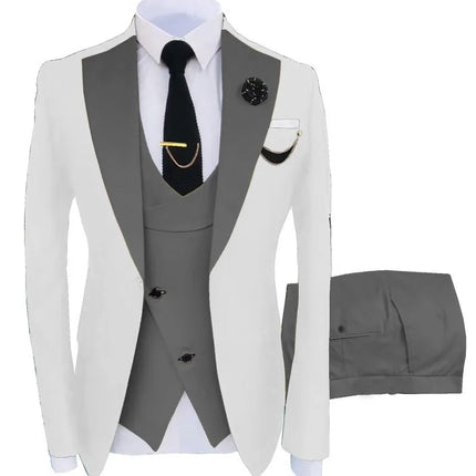 Men Three Piece Suit Sets Turn Down Collar Full Sleeve Blazers Vest Long Pants Slim Fit Ensemble Banquet Evening Splice Spring
