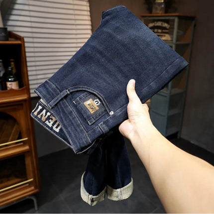 New Embroidery Fashion Straight Jeans Men Stretch Black Blue Slim Fit Pants Comfortable Business Denim Trousers