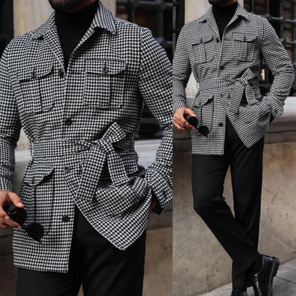 Classic Casual Business Houndstooth Suit Men 2 Piece Set Fashion Style Jacket Pants Stand Collar Wedding Party Tuxedos Outfits
