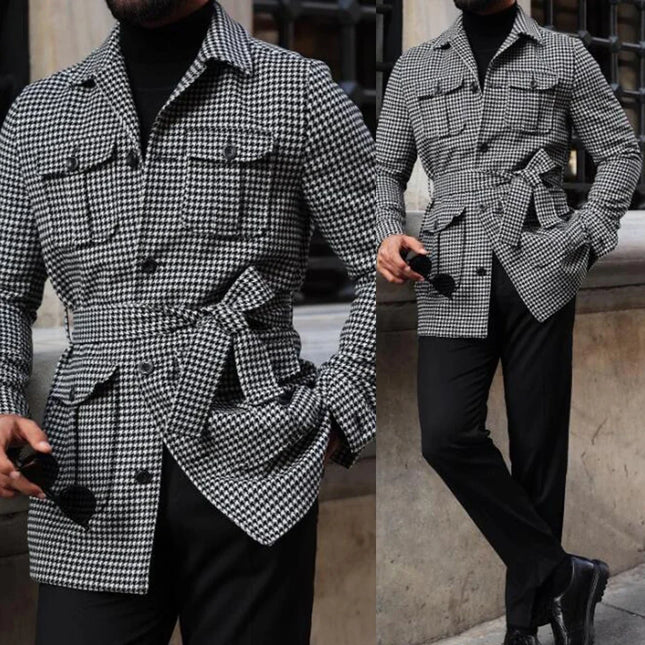 Classic Casual Business Houndstooth Suit Men 2 Piece Set Fashion Style Jacket Pants Stand Collar Wedding Party Tuxedos Outfits