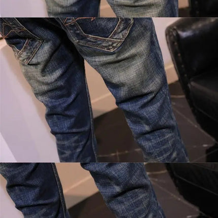 2025 Autumn and Winter Retro Jeans Men's Trendy Brand Slim-fitting Small Feet Elastic Youth Fashion Handsome Blue Long Pants