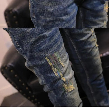 2025 Autumn and Winter Retro Jeans Men's Trendy Brand Slim-fitting Small Feet Elastic Youth Fashion Handsome Blue Long Pants