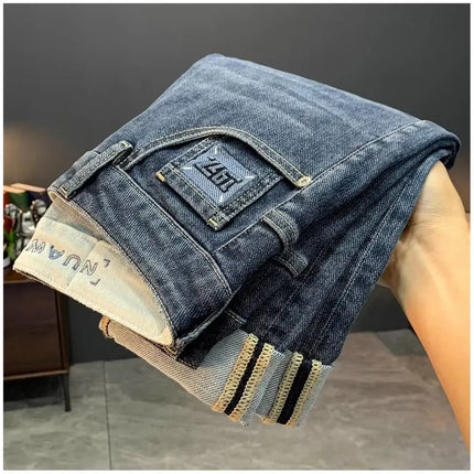 Summer Men's Slim Fit Jeans Thin Trendy Loose Straight Leg Elastic Nine Point Pants Versatile Casual Straight Cut Jeans