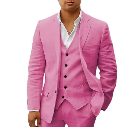 3 piece Linen Summer Men Suits for Wedding Groom Tuxedos 2026 Casual Beach Custom Man Suit Set Jacket Vest with Pants Man Fahion