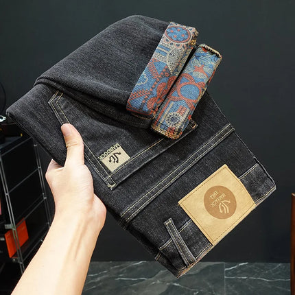 New Embroidery Fashion Straight Jeans Men Stretch Black Blue Slim Fit Pants Comfortable Business Denim Trousers