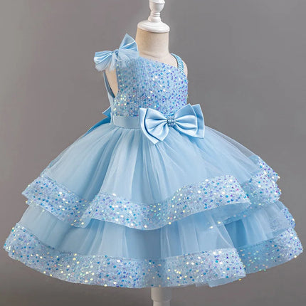 Girl's New Sequined Bow Irregular Collar Mesh Princess Dress Christmas Birthday Party Sweet and Cute Evening Dress