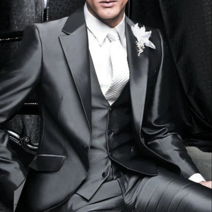 Shiny Grey Men Suits With Embroidery Groomsmen Groom Tuxedos Wedding Best Blazer Sets 3 Pieces (Jacket+Pants+Vest) Costume Homme