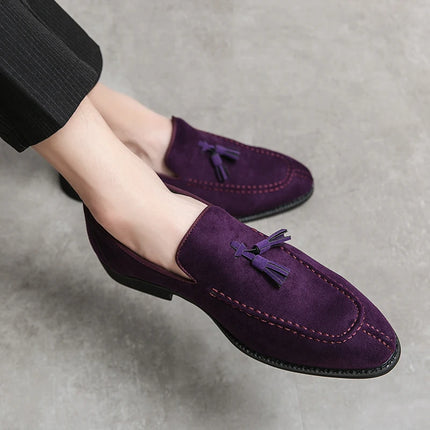 New British Designer Suede LeatherTassel Casual Shoes for Men Purple Blue Brown Moccasins Wedding Prom Homecoming Party Footwear